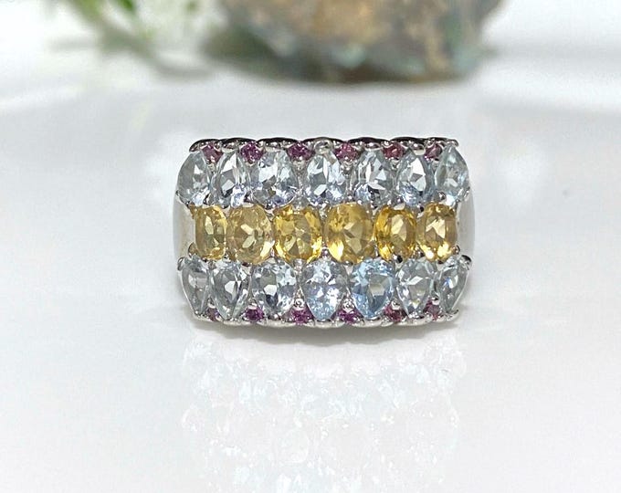 Vintage Sterling Silver Natural Citrine, Rhodolite & Aquamarine Ring Size 8.25