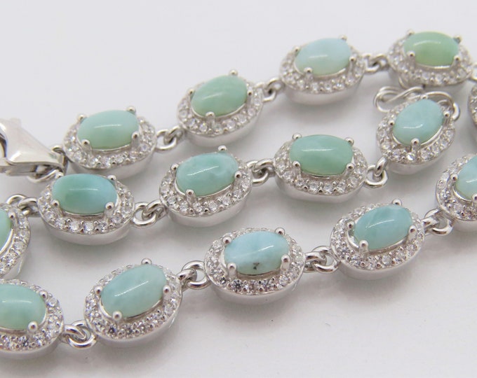 Vintage Sterling Silver Natural Larimar, White Topaz Link Bracelet 7 1/2''