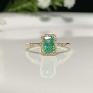 Vintage 14K massief geelgouden natuurlijke smaragd en diamanten ring, maat 6,5 "