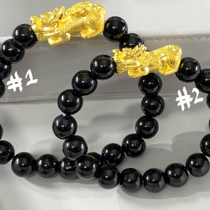 24K 999 Pure Gold 3D Pixiu with  Black Onyx Bead Bracelet 10MM
