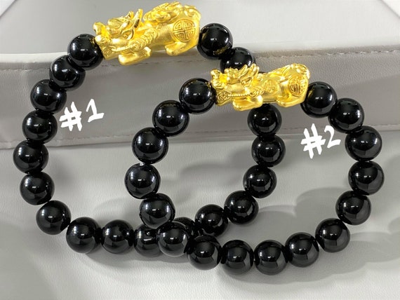 24K 999 Pure Gold 3D Pixiu With Black Onyx Bead Bracelet 24K 999 Pure Gold 3D Pixiu With Black Onyx Bead Bracelet