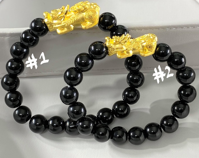 24K 999 Pure Gold 3D Pixiu with  Black Onyx Bead Bracelet 10MM