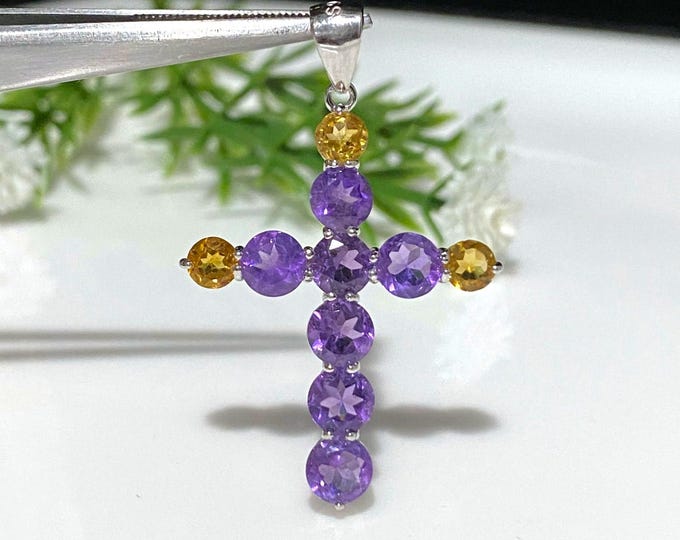 Vintage Sterling Silver Natural Amethyst & Citrine Cross Pendant.
