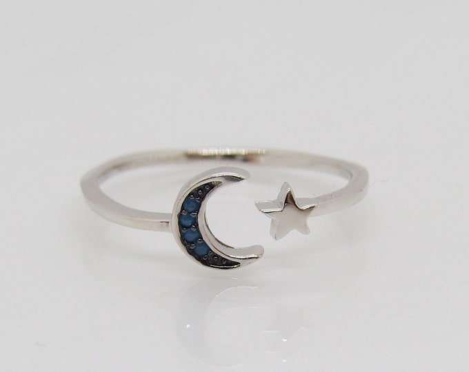 Vintage Sterling Silver Turquoise Moon & Star Ring Size 9