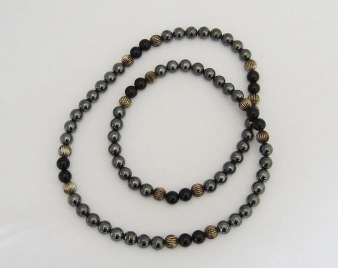 Vintage Natural Hematite, Black Onyx Sterling Silver Bead Enternity Necklace 26'' Length