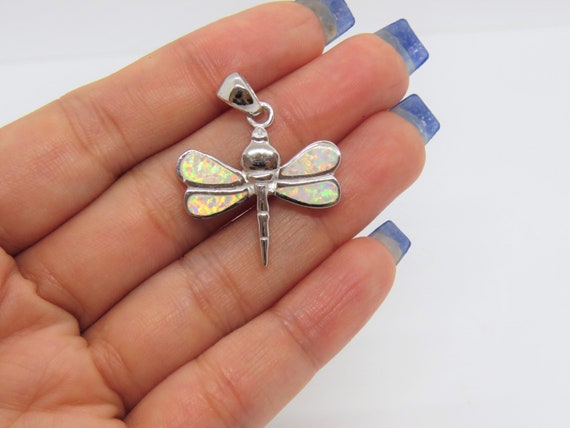 Vintage Sterling Silver White Opal Dragonfly Pend… - image 6