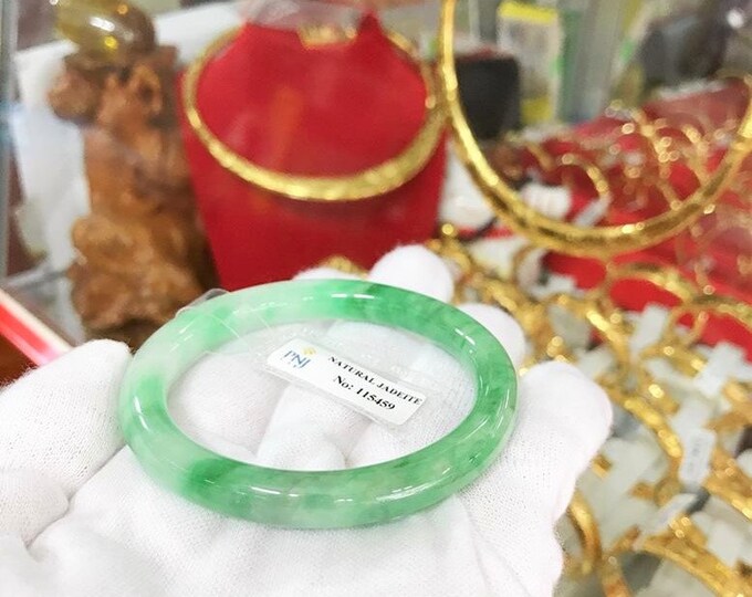 Vintage Translucent Natural Green, White Jadeite Jade Bangle Bracelet 53.4MM