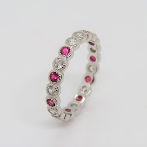 Vintage Sterling Silver Ruby & White Topaz Eternity Band Ring Size 8