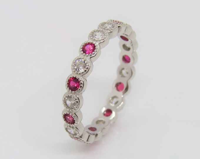 Vintage Sterling Silver Ruby & White Topaz Eternity Band Ring Size 8