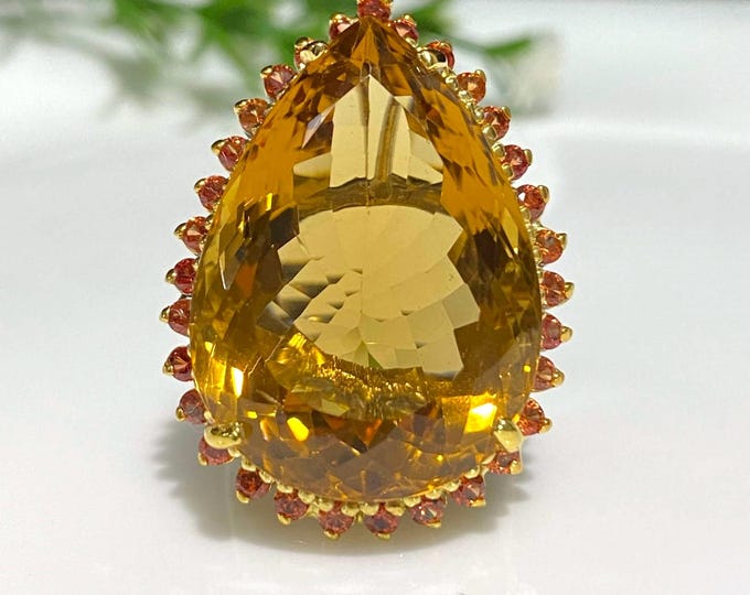 Vintage Sterling Silver Pear cut 48ct Natural Citrine & Orange Sapphire Ring Size 9