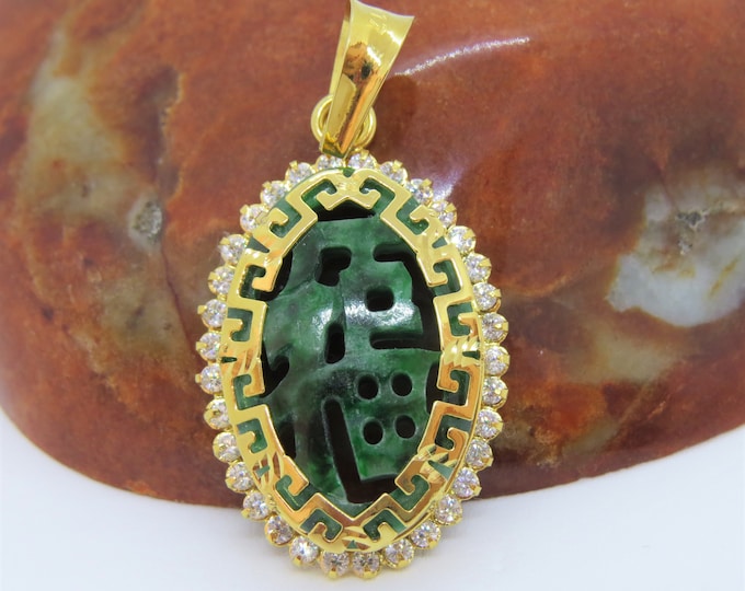 Vintage 18K Solid Gold Green Jadeite Jade White Topaz, Letter Good Luck Pendant