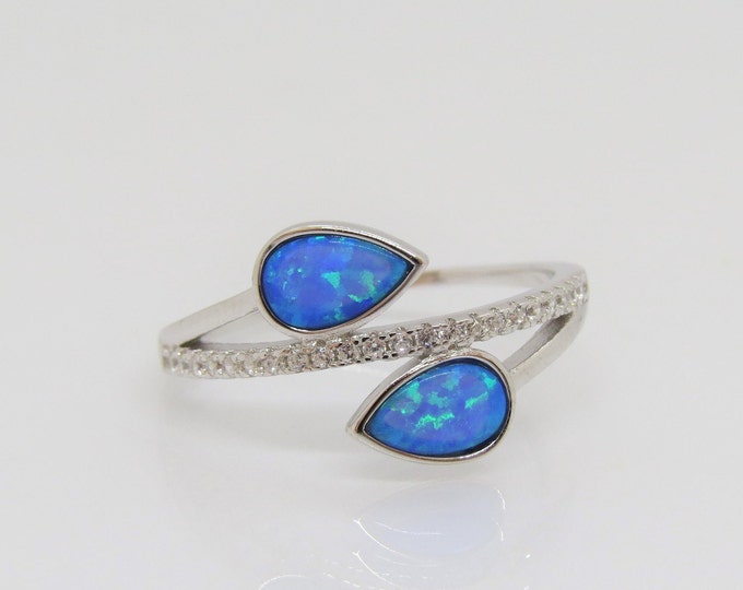 Vintage Sterling Silver Blue Opal & White Topaz By Pass Ring Size 7