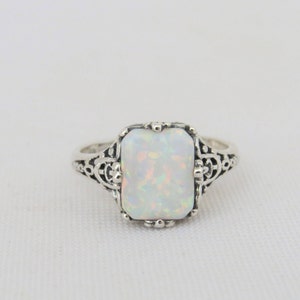 Vintage Sterling Silver White Opal Filigree Ring Size 7