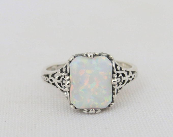 Vintage Sterling Silver White Opal Filigree Ring Size 7