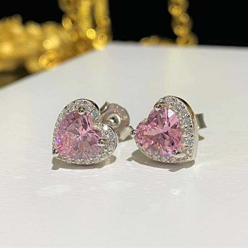 Sterling Silver Pink Sapphire & White Topaz Heart Earrings. image 4