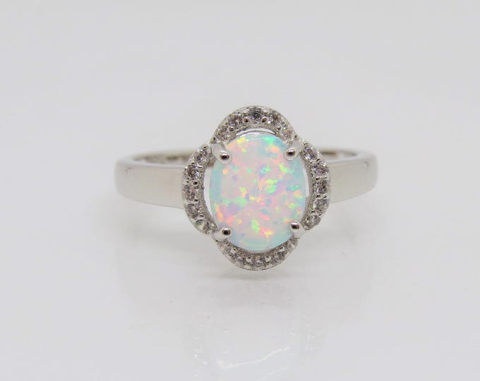 Vintage Sterling Silver White Opal & White Topaz Ring Size 9