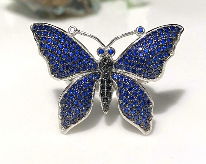 Vintage Sterling Silver Blue, Black Sapphire Butterfly Ring Size 7