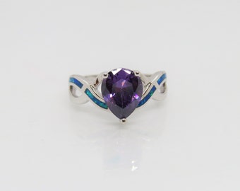 Vintage Sterling Silver Amethyst & Blue Opal Ring Size 8