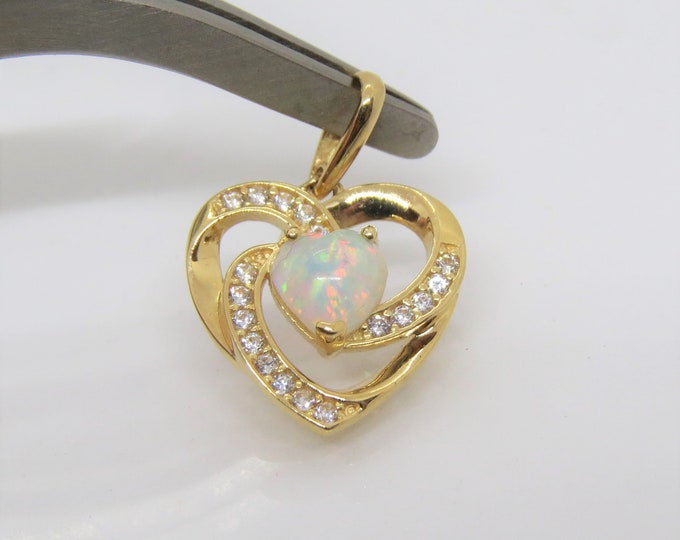 Vintage 14K Solid Yellow Gold White Opal & White Topaz Heart Pendant