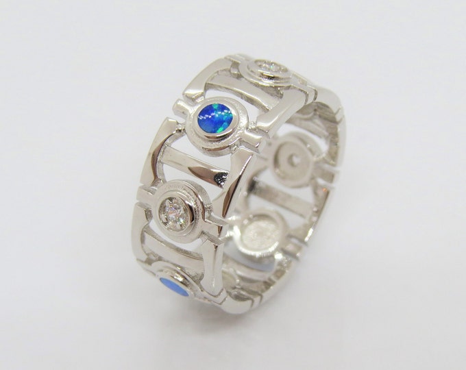 Vintage Sterling Silver Blue Opal & White Topaz Eternity Band Ring Size 8.25