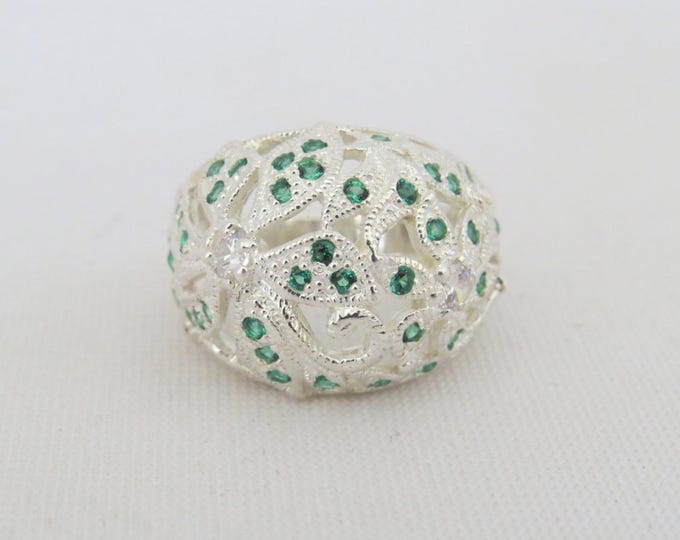 Vintage Sterling Silver Emerald & White Topaz Dome Ring Size 7