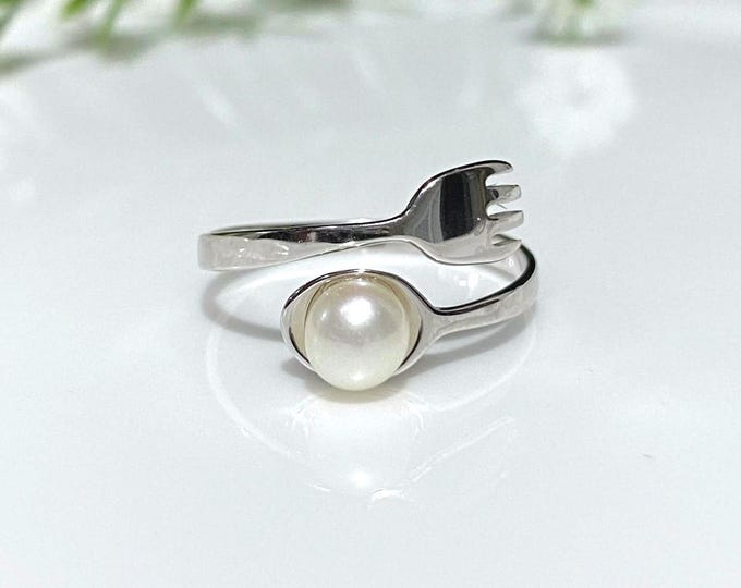 Vintage Sterling Silver White Pearl Fork and Spoon Adjustable Ring Size 7