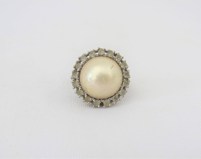 Vintage Sterling Silver Faux Pearl & White Stone Ring Size 5
