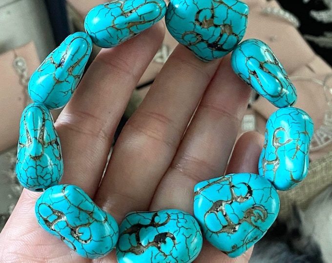 Vintage Natural Turquoise Happy Buddha Head Bead Elastic Bracelet.