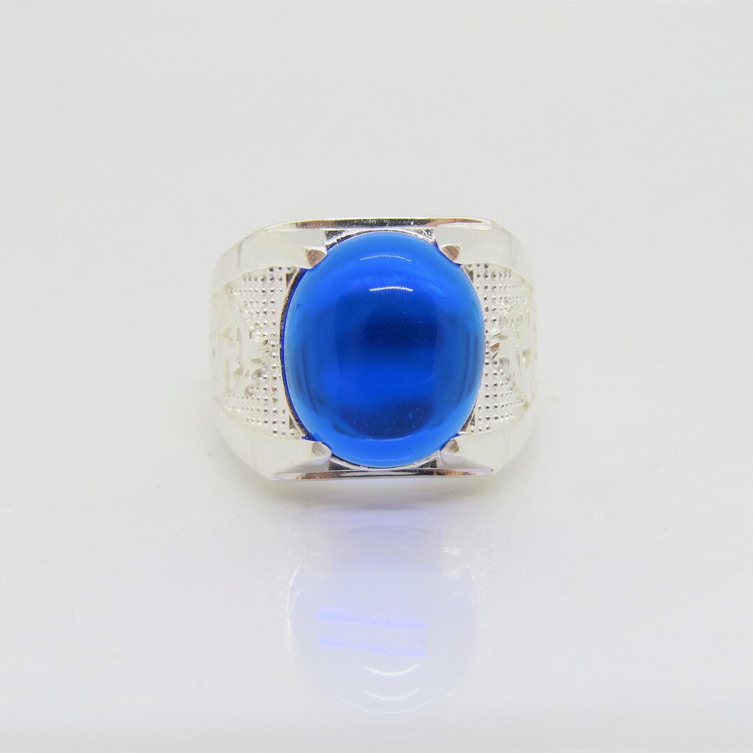 Bague Ancienne En Argent Massif Avec Saphir Cabochon - Style Art Déco, Bleu, Occasion