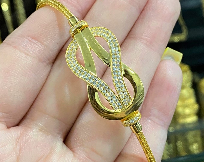 Vintage 15K 610 Solid Yellow GoldWhite Topaz Knot Snake Link Chain Bracelet 6 1/2''