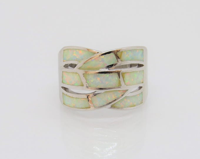 Vintage Sterling Silver White Opal Twisted Band Ring Size 5