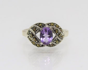 Vintage Sterling Silver Amethyst & Marcasite Ring Size 8