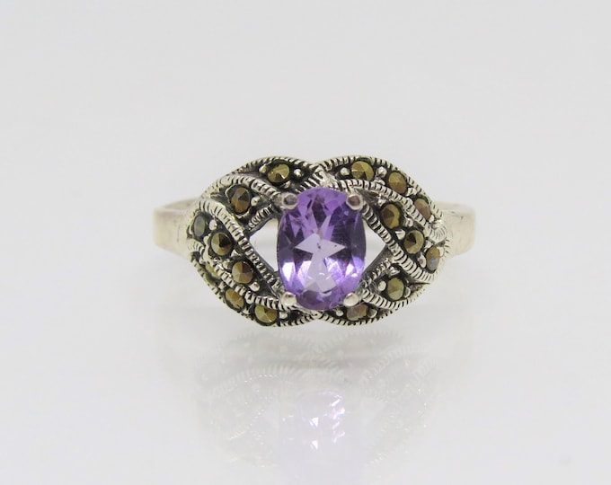 Vintage Sterling Silver Amethyst & Marcasite Ring Size 8