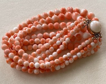 Collar vintage de cuentas de coral de piel de ángel natural de oro de 14 quilates, 17'', 88,6 gramos.