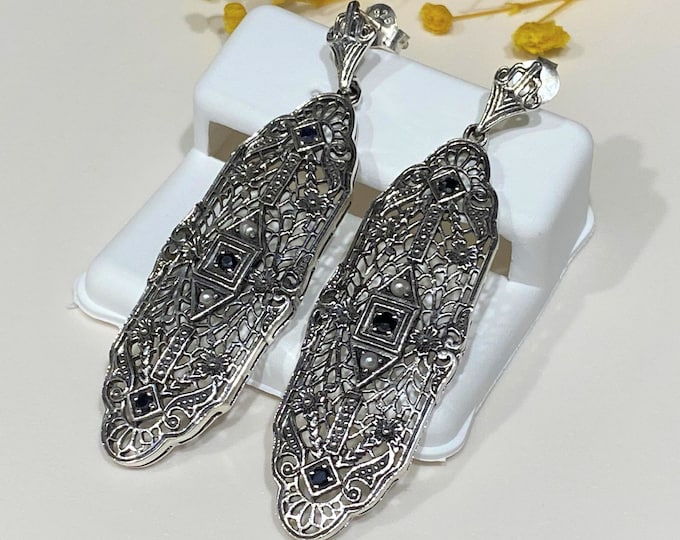Vintage Sterling Silver Natural Blue Sapphire & Seed Pearl Filigree Earrings.