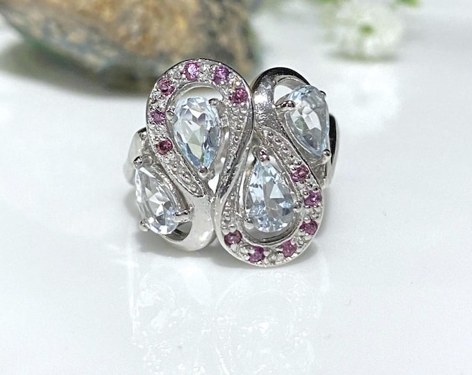 Vintage Sterling Silver Natural Aquamarine & Rhodolite Ring Size 8