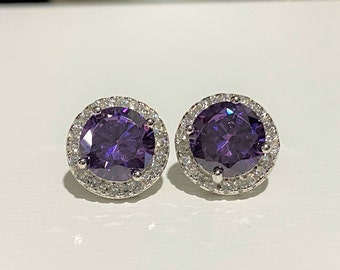 Vintage Sterling Silver Amethyst & White Topaz Halo Earrings.