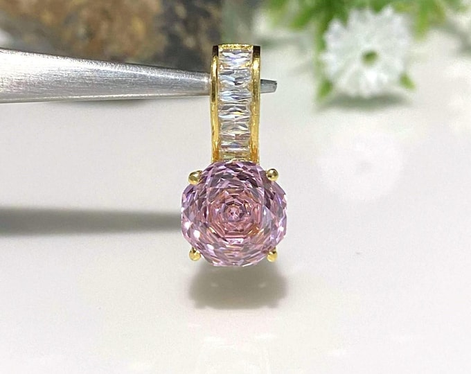 Vintage 15K 610 Solid Gold Asscher-cut Pink Sapphire & White Topaz Pendant.