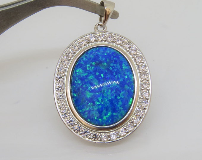 Vintage Sterling Silver Oval Blue Opal & White Topaz Halo Pendant