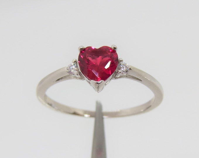Vintage Sterling Silver Heart Ruby & White Topaz Ring Size 8