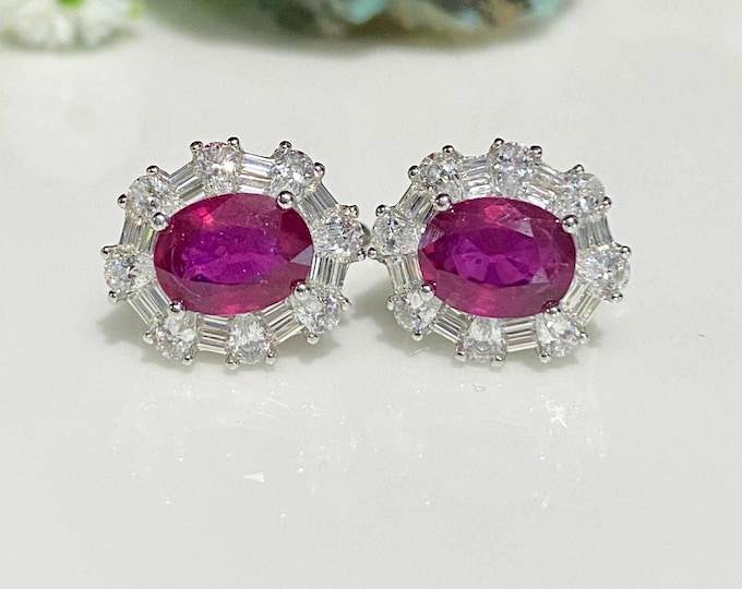 Vintage Sterling Silver Natural Oval cut Ruby & White Topaz Earrings.