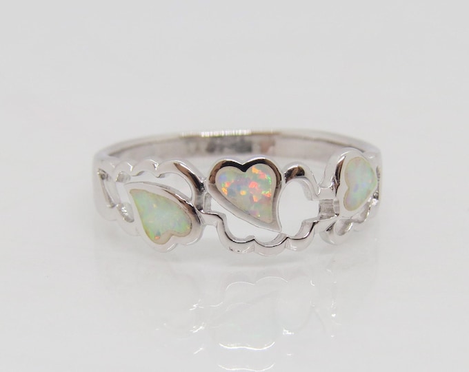Vintage Sterling Silver White Opal Hearts Ring Size 8
