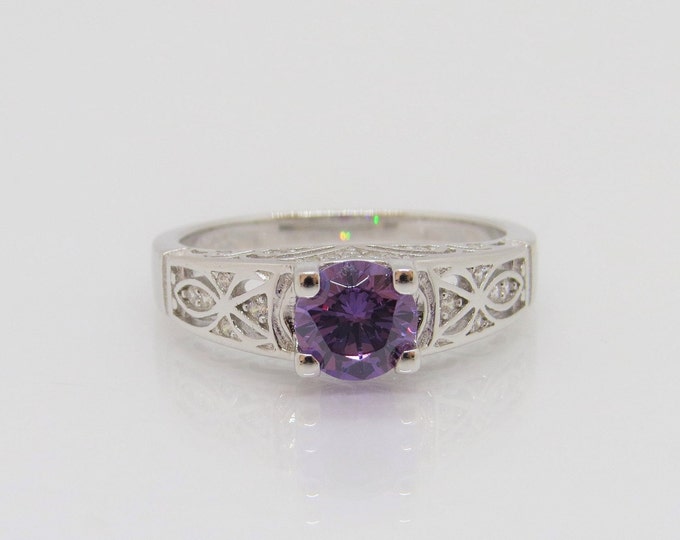 Vintage Sterling Silver Amethyst & White Topaz Filigree Ring Size 7
