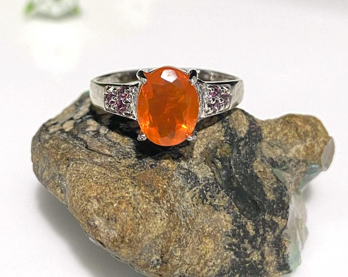 Vintage Sterling Silver Natural 1.86cts Orange Opal & Rhodolite Ring Size 8