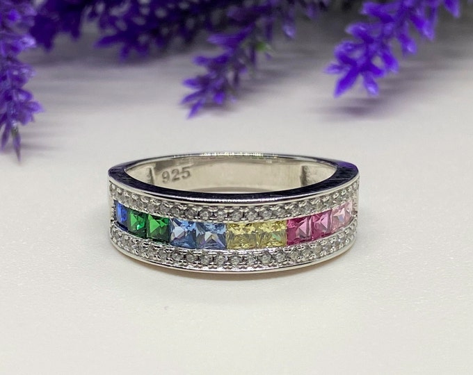 Vintage Sterling Silver Multi color Gemstones & White Topaz Ring Size 8