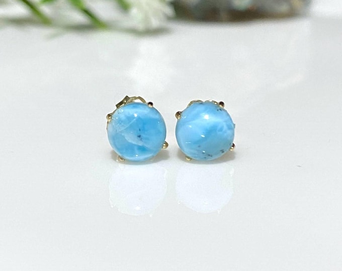 Vintage 14K Solid Yellow Gold Natural Larimar Stud Earrings 5.8MM