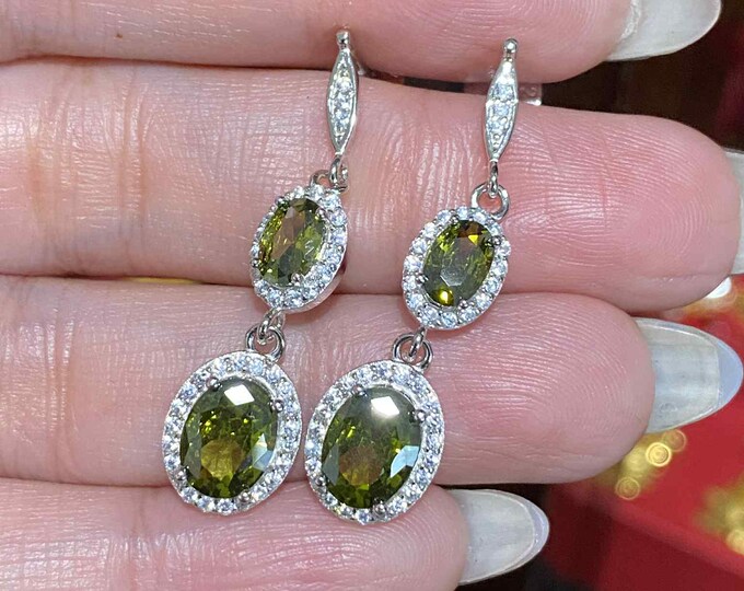 Sterling Silver Oval cut Peridot & White Topaz Drop Earrings