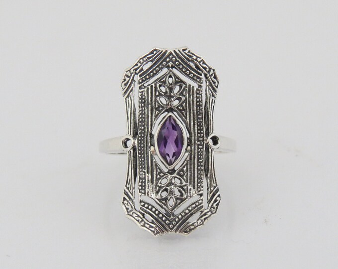 Vintage Sterling Silver Natural Amethyst Filigree Long Ring Size 10