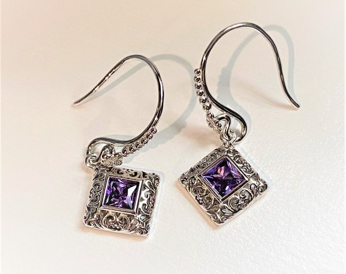 Vintage Sterling Silver Amethyst Filigree Earrings.