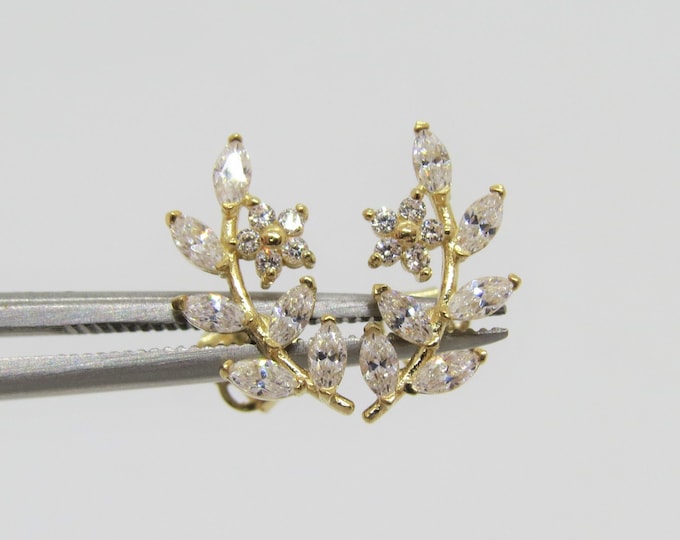 14K Solid Yellow Gold White Topaz Leaf Flower Earrings